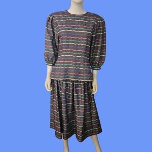 Vtg COLOURS 1980s Power Pastel Striped Drop Waist Skirt Bow Top Set